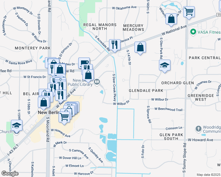 map of restaurants, bars, coffee shops, grocery stores, and more near 3601 South Deer Creek Parkway in New Berlin
