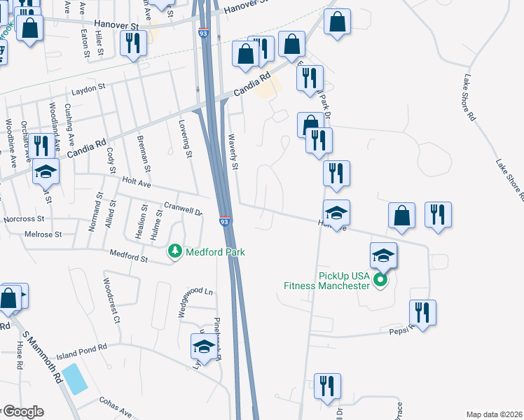 map of restaurants, bars, coffee shops, grocery stores, and more near 24 Eastwood Way in Manchester
