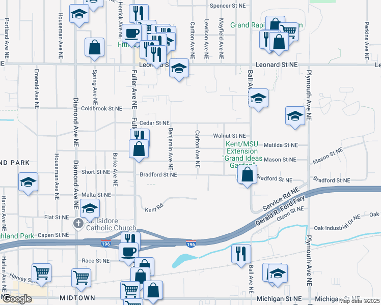 map of restaurants, bars, coffee shops, grocery stores, and more near 1334 Matilda Street Northeast in Grand Rapids