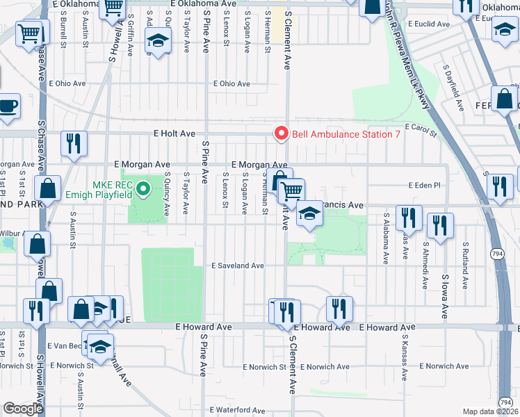 map of restaurants, bars, coffee shops, grocery stores, and more near 3566 South Herman Street in Milwaukee