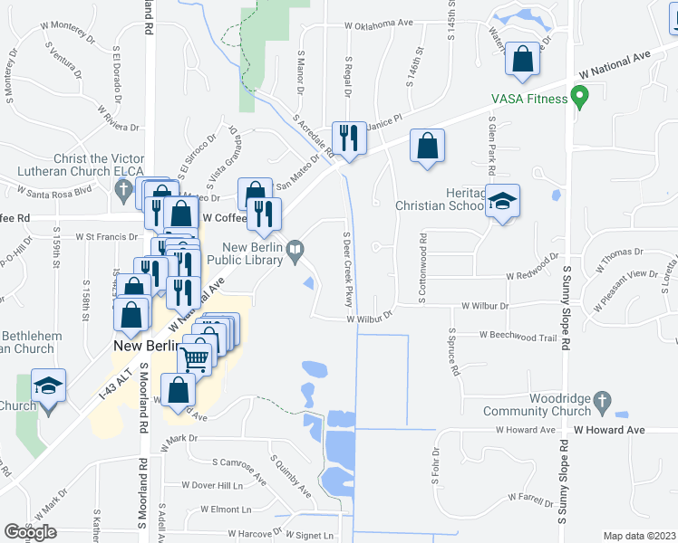 map of restaurants, bars, coffee shops, grocery stores, and more near 3535 South Deer Creek Parkway in New Berlin
