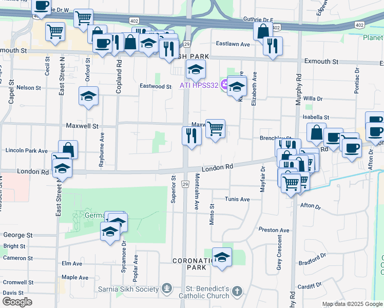 map of restaurants, bars, coffee shops, grocery stores, and more near 626 Indian Road North in Sarnia