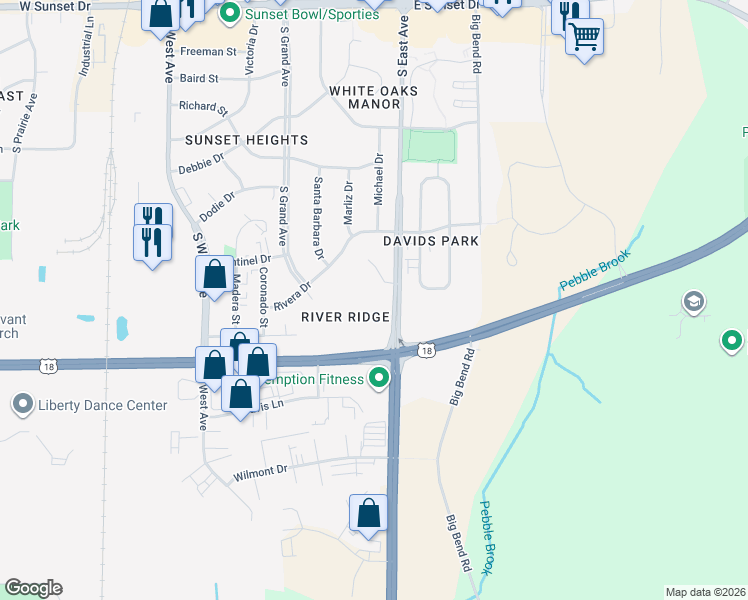 map of restaurants, bars, coffee shops, grocery stores, and more near 2014 South East Avenue in Waukesha