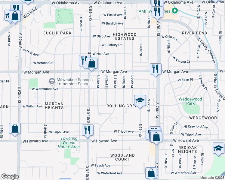 map of restaurants, bars, coffee shops, grocery stores, and more near 3572 South 81st Street in Milwaukee