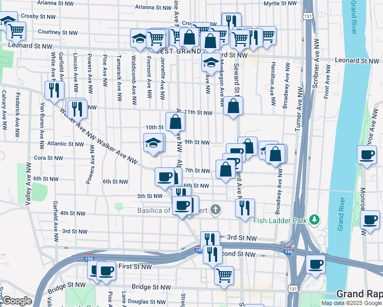 map of restaurants, bars, coffee shops, grocery stores, and more near 833 Mc Reynolds Avenue Northwest in Grand Rapids