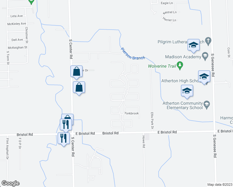 map of restaurants, bars, coffee shops, grocery stores, and more near 4137 Elmbrook in Burton
