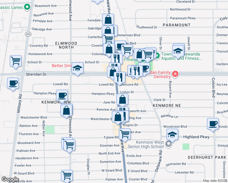 map of restaurants, bars, coffee shops, grocery stores, and more near 18 Lowell Road in Buffalo