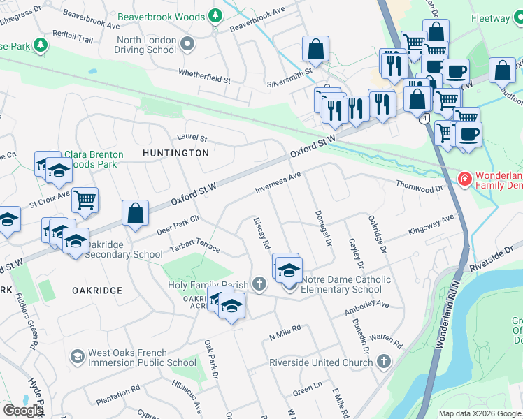 map of restaurants, bars, coffee shops, grocery stores, and more near 738 Inverness Avenue in London