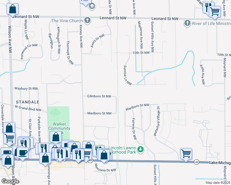 map of restaurants, bars, coffee shops, grocery stores, and more near 3831 Edinboro Street Northwest in Grand Rapids