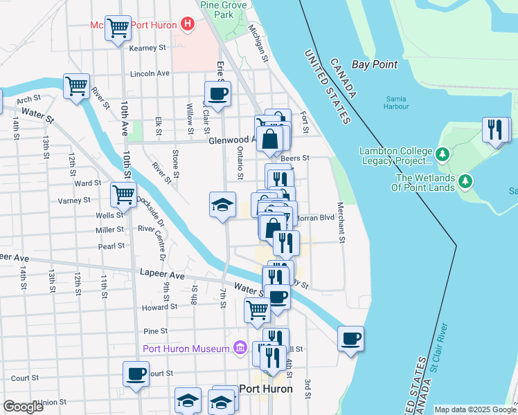map of restaurants, bars, coffee shops, grocery stores, and more near 598 Andrew Murphy Avenue in Port Huron