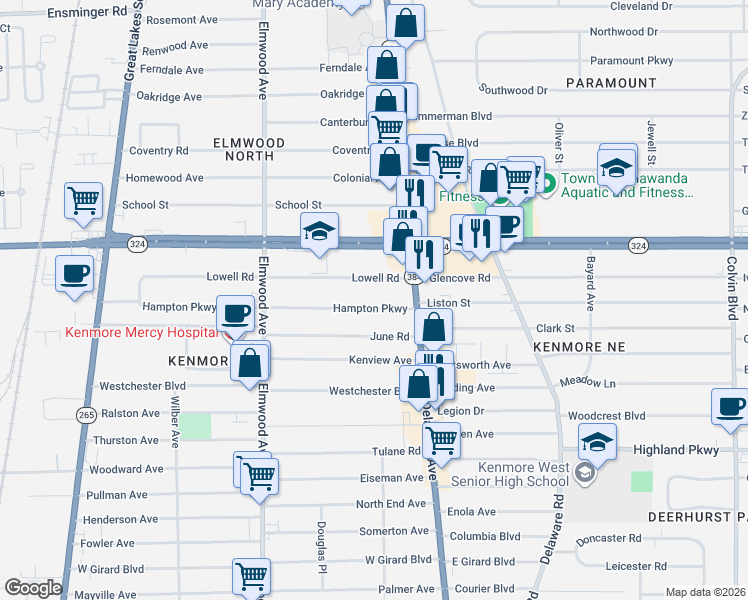 map of restaurants, bars, coffee shops, grocery stores, and more near 64 Lowell Road in Buffalo