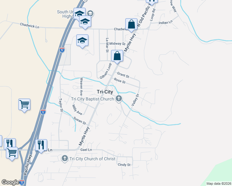 map of restaurants, bars, coffee shops, grocery stores, and more near 135 Crest Drive in Myrtle Creek