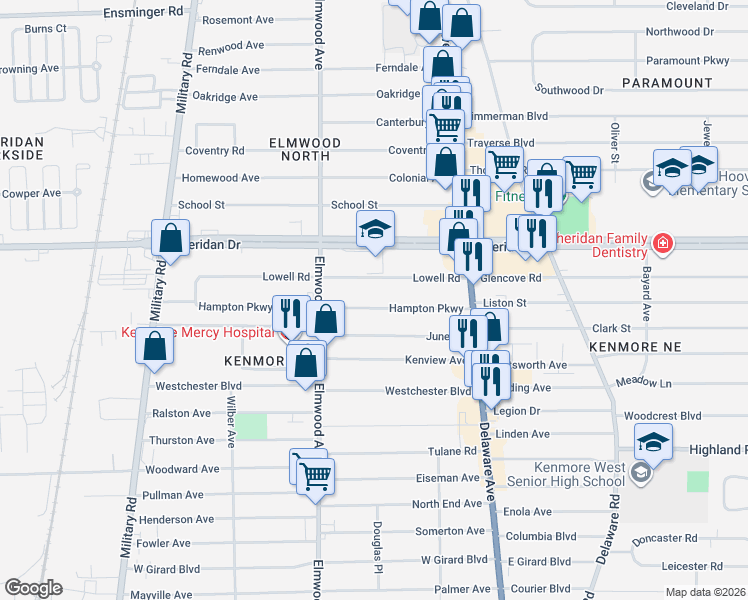 map of restaurants, bars, coffee shops, grocery stores, and more near 111 Hampton Parkway in Buffalo