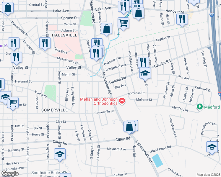 map of restaurants, bars, coffee shops, grocery stores, and more near 12 Ellis Avenue in Manchester