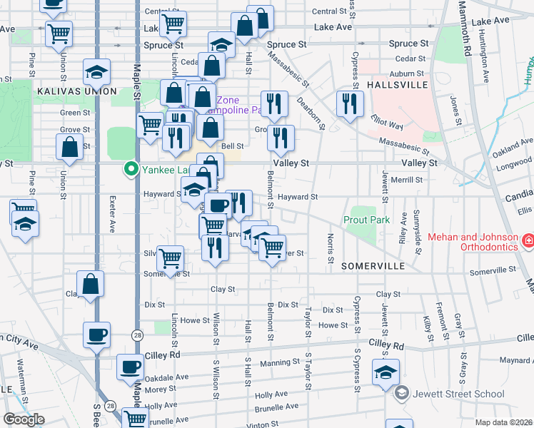 map of restaurants, bars, coffee shops, grocery stores, and more near 231 Belmont Street in Manchester