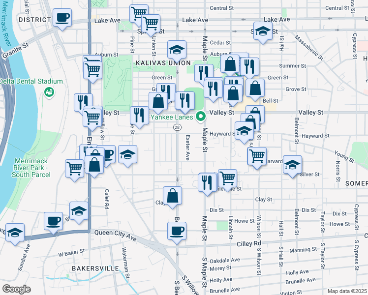 map of restaurants, bars, coffee shops, grocery stores, and more near 194 Beech Street in Manchester