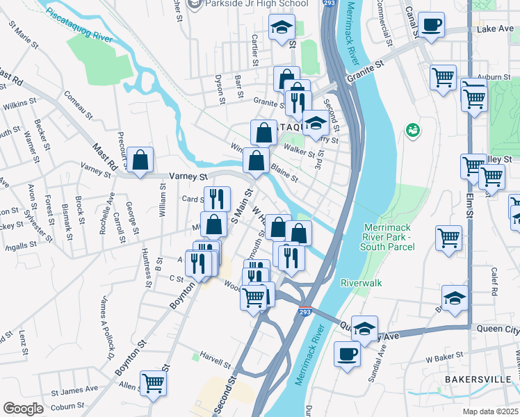 map of restaurants, bars, coffee shops, grocery stores, and more near 287 West Hancock Street in Manchester