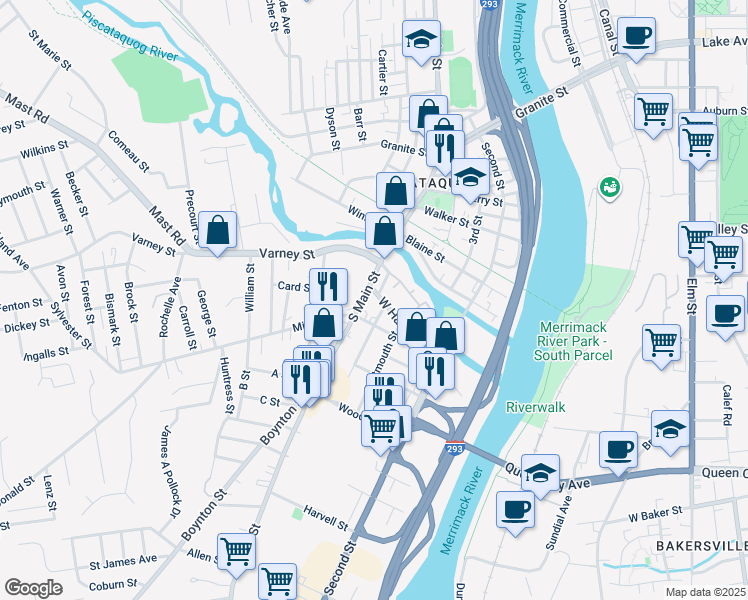 map of restaurants, bars, coffee shops, grocery stores, and more near 287 West Hancock Street in Manchester