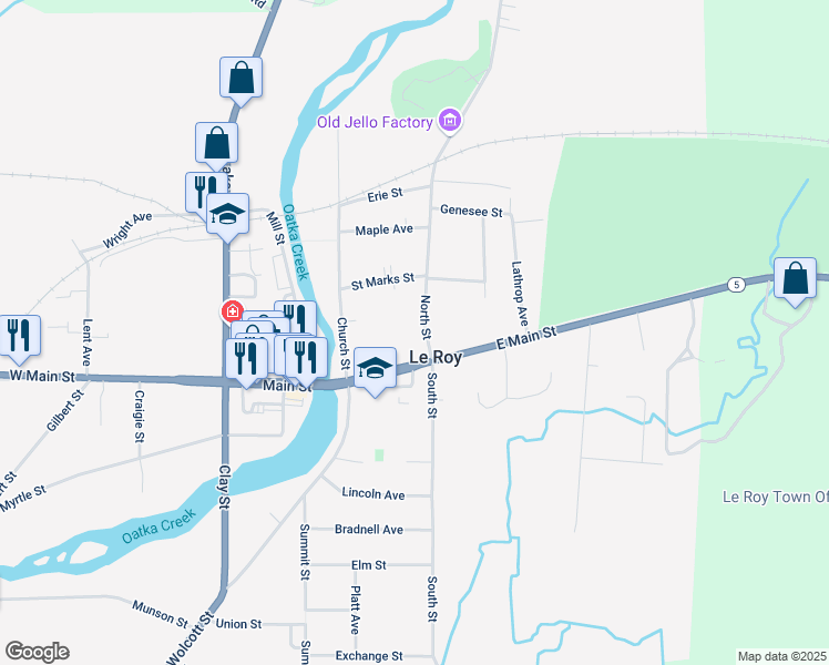 map of restaurants, bars, coffee shops, grocery stores, and more near 7 North Street in Le Roy