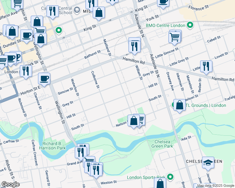 map of restaurants, bars, coffee shops, grocery stores, and more near in London