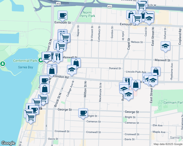 map of restaurants, bars, coffee shops, grocery stores, and more near 245 Durand Street in Sarnia