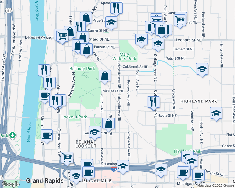 map of restaurants, bars, coffee shops, grocery stores, and more near 900 Lafayette Avenue Northeast in Grand Rapids