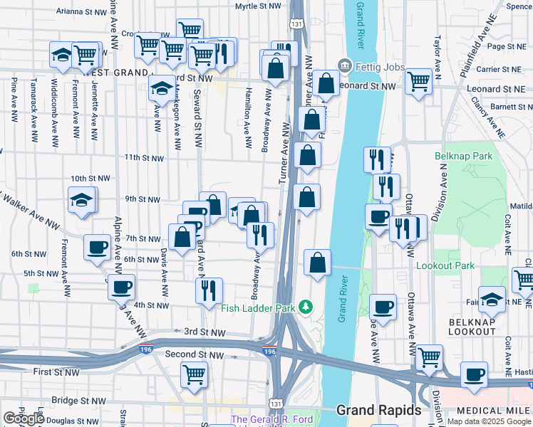 map of restaurants, bars, coffee shops, grocery stores, and more near 855 Turner Avenue Northwest in Grand Rapids