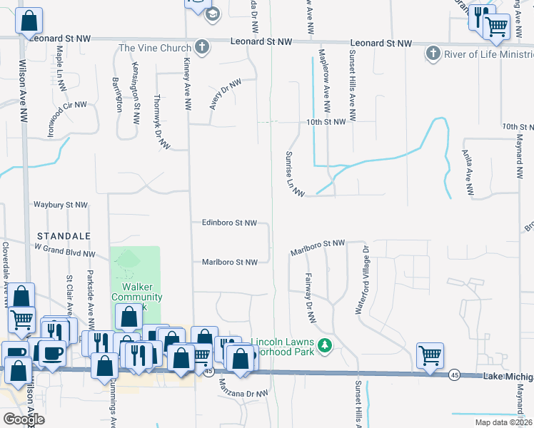 map of restaurants, bars, coffee shops, grocery stores, and more near 3831 Edinboro Street Northwest in Grand Rapids