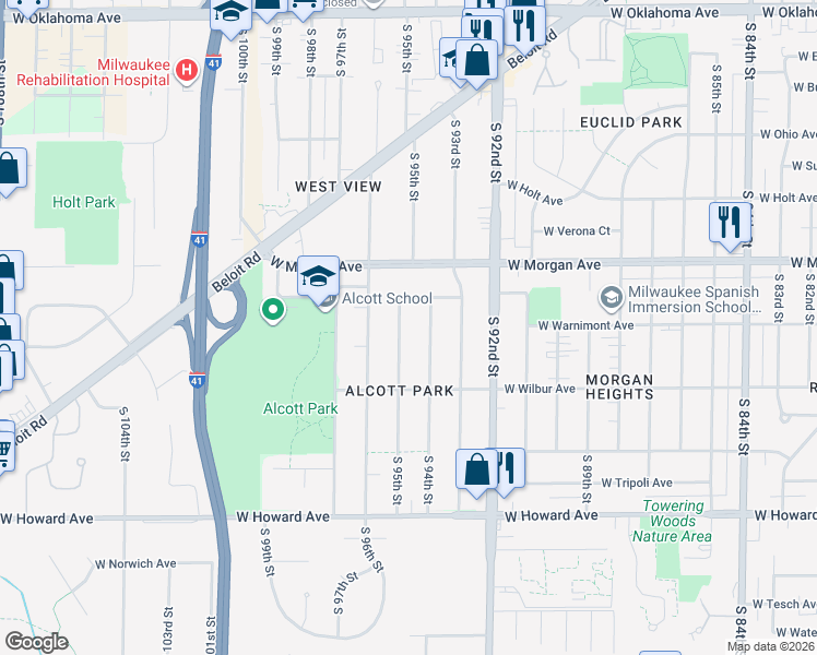 map of restaurants, bars, coffee shops, grocery stores, and more near 3565 South 94th Street in Milwaukee