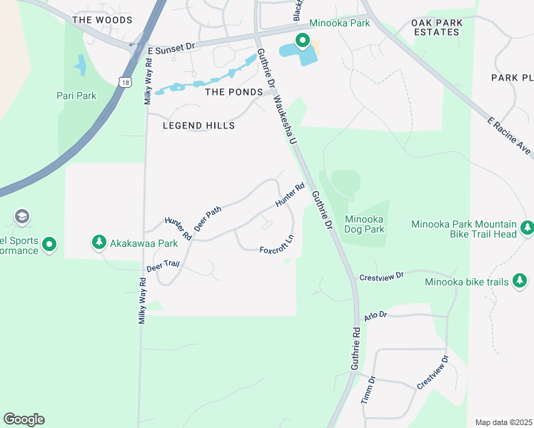 map of restaurants, bars, coffee shops, grocery stores, and more near 1704 Hunter Road in Waukesha