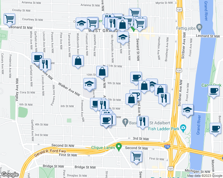 map of restaurants, bars, coffee shops, grocery stores, and more near 839 Mc Reynolds Avenue Northwest in Grand Rapids