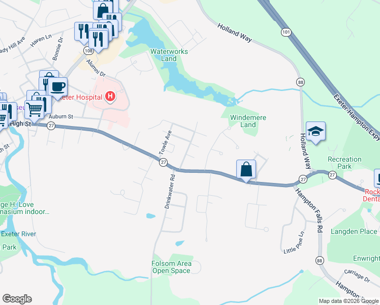 map of restaurants, bars, coffee shops, grocery stores, and more near 8 Wheelwright Avenue in Exeter