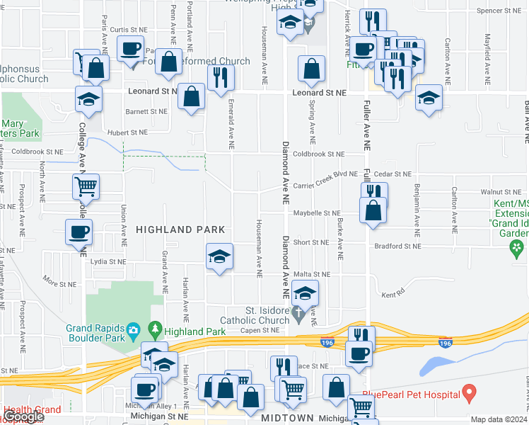 map of restaurants, bars, coffee shops, grocery stores, and more near 905 Maybelle Street Northeast in Grand Rapids