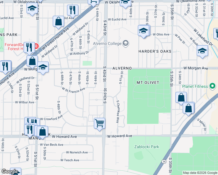 map of restaurants, bars, coffee shops, grocery stores, and more near 3576 South 43rd Street in Milwaukee