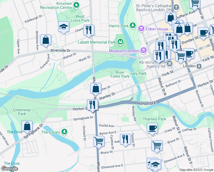 map of restaurants, bars, coffee shops, grocery stores, and more near 63 Becher Street in London