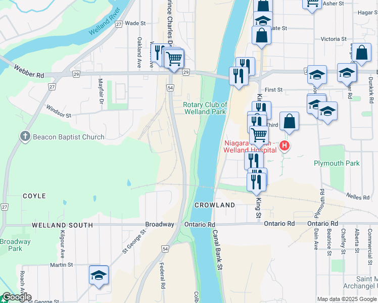 map of restaurants, bars, coffee shops, grocery stores, and more near in Welland