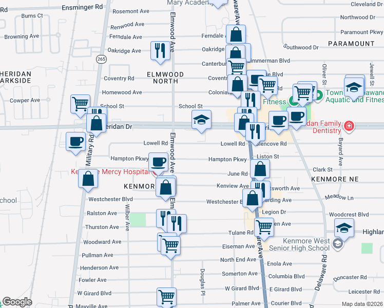 map of restaurants, bars, coffee shops, grocery stores, and more near 141 Hampton Parkway in Buffalo