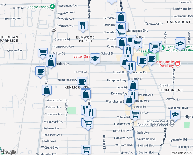map of restaurants, bars, coffee shops, grocery stores, and more near 141 Hampton Parkway in Buffalo
