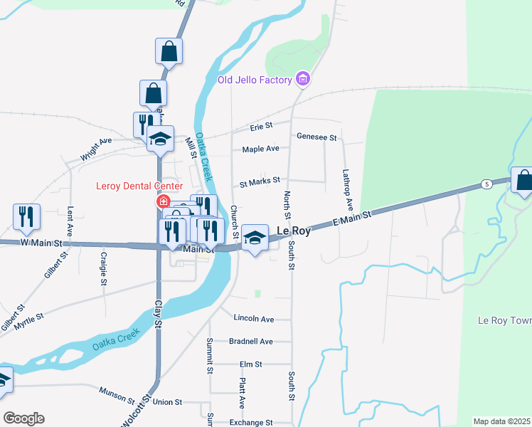 map of restaurants, bars, coffee shops, grocery stores, and more near 23 East Main Street in Le Roy
