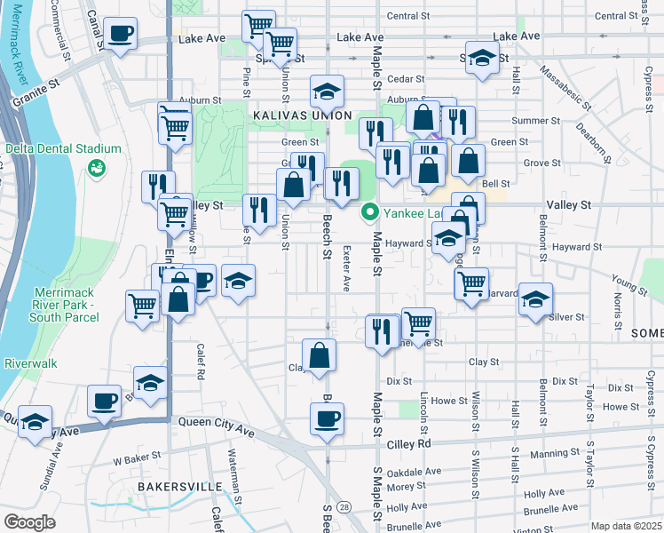 map of restaurants, bars, coffee shops, grocery stores, and more near 179 Beech Street in Manchester