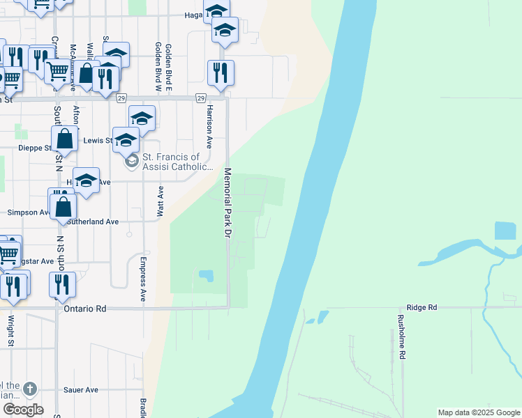 map of restaurants, bars, coffee shops, grocery stores, and more near Viger Drive in Welland
