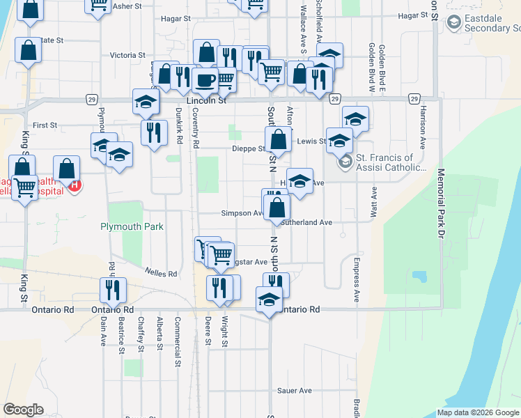 map of restaurants, bars, coffee shops, grocery stores, and more near 394 Simpson Avenue in Welland