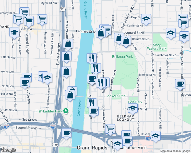 map of restaurants, bars, coffee shops, grocery stores, and more near 973 Ottawa Avenue Northwest in Grand Rapids