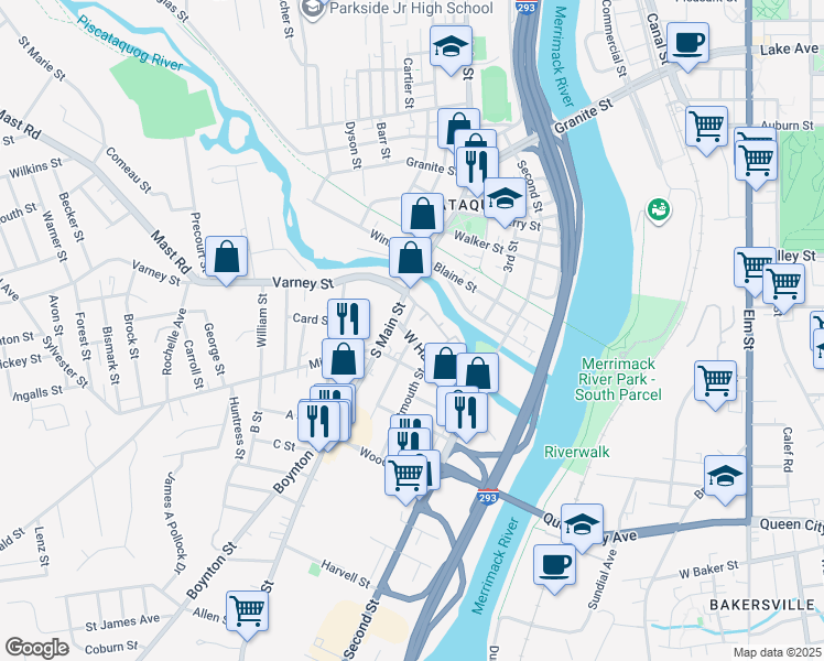 map of restaurants, bars, coffee shops, grocery stores, and more near 287 West Hancock Street in Manchester