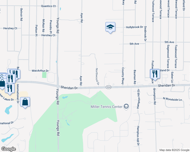map of restaurants, bars, coffee shops, grocery stores, and more near 2123 Northwood Drive in Buffalo