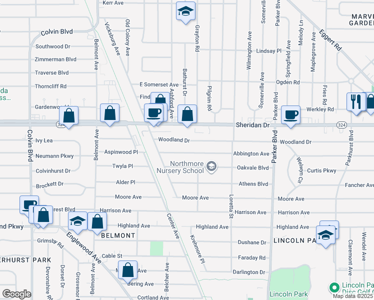 map of restaurants, bars, coffee shops, grocery stores, and more near 219 Woodland Drive in Buffalo