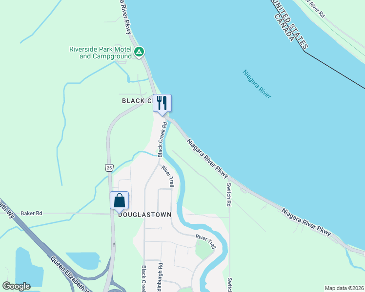 map of restaurants, bars, coffee shops, grocery stores, and more near 4229 Niagara River Parkway in Fort Erie