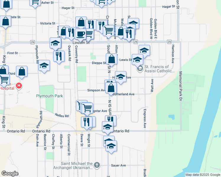 map of restaurants, bars, coffee shops, grocery stores, and more near in Welland