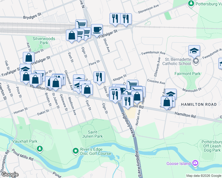 map of restaurants, bars, coffee shops, grocery stores, and more near 142 Highbury Avenue North in London