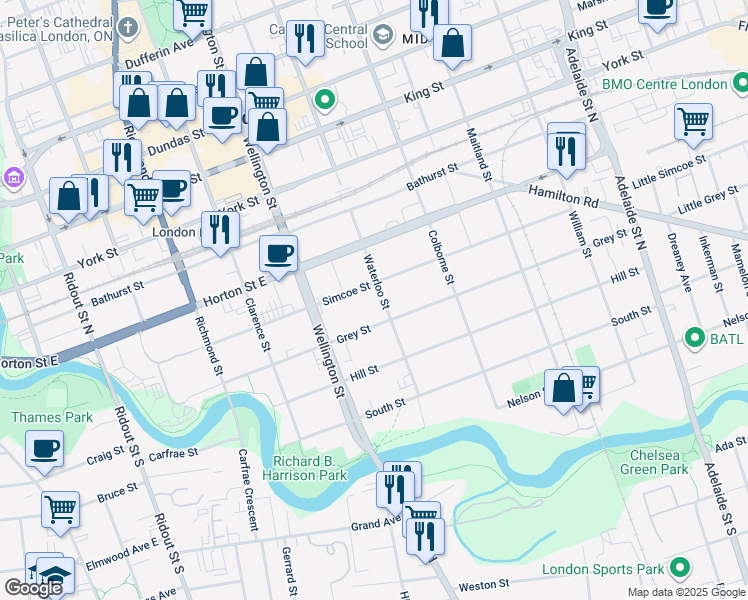 map of restaurants, bars, coffee shops, grocery stores, and more near 327 Simcoe Street in London